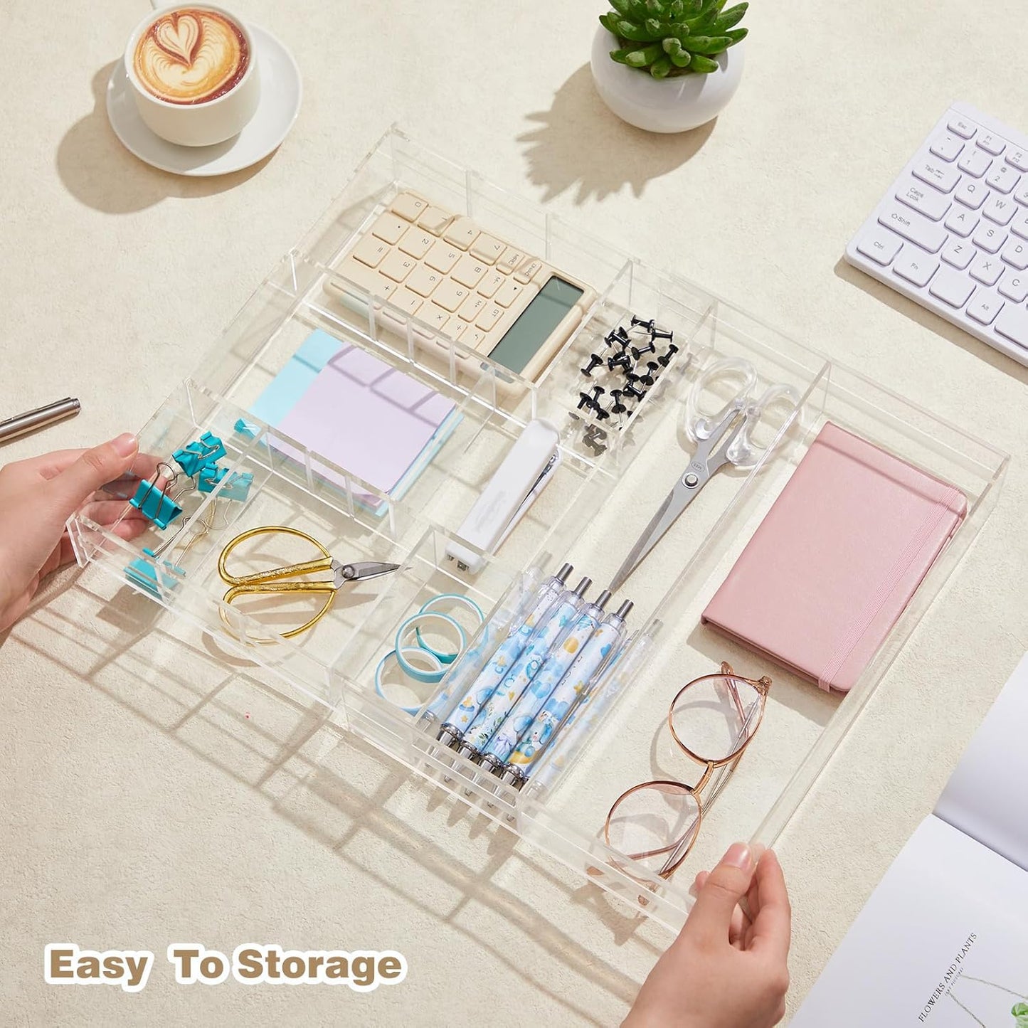 Briwooody 2 Pcs Acrylic Desk Drawer Organizer Maximum 12 x 18 x 2.1 Inch Expandable Drawer Organizer Trays with 8 Adjustable Compartments Desk Accessories for Makeup Silverware Office Bathroom