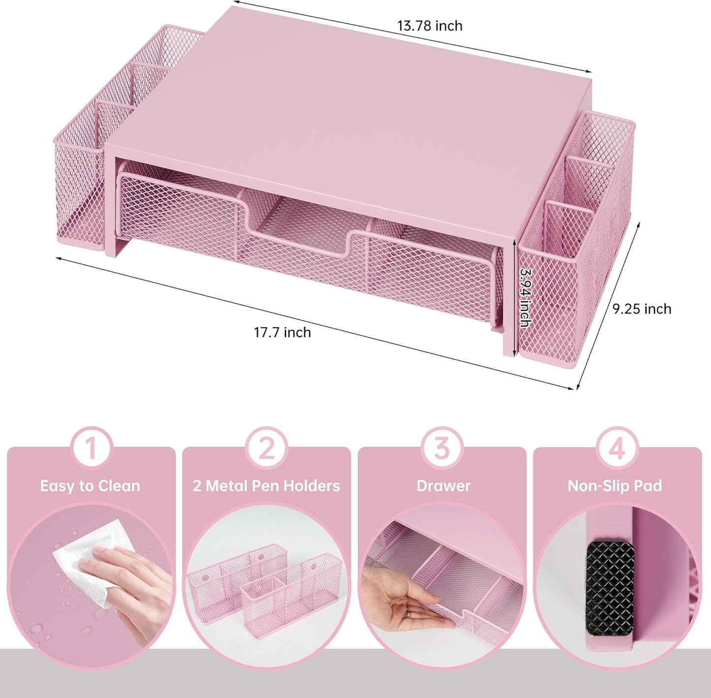 Qupui Computer Monitor Stand Riser with Drawer and Pen Holders, Desk Organizer Shelf and Accessories, Office Desk Accessories, Office Organization, Black