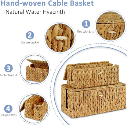 efluky 2 Pack Plastic Cable Management Boxes, Hand-Woven Cord Organizer Box with Lid, 2 Open Slots Cable Organizer Basket to Hide Power Strip and Charger for Home & Office and Dorm,Natural