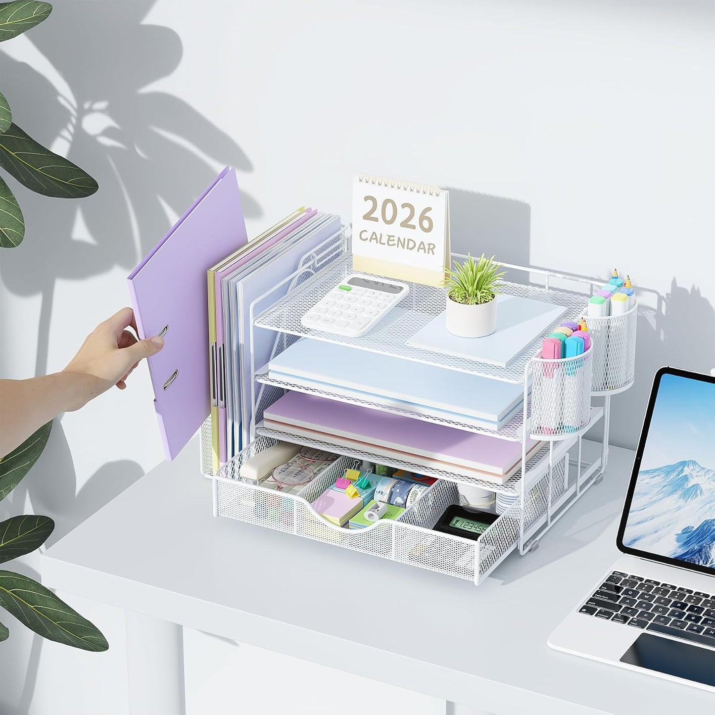 gianotter Desk Organizers and Accessories with File Holder, 4-Tier Desk Accessories & Workspace Organizers with Drawer and 2 Pen Holder, Paper Organizer for Office Supplies (Rose Gold)