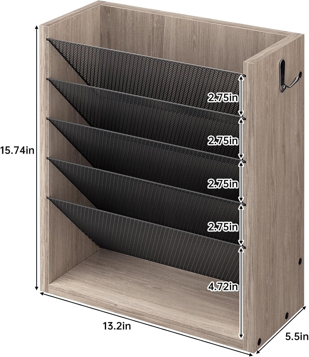 Creso hom Mail Organizer Wall Mounted, 6-Tier Wall File Organizer with 2 Hooks, Wooden Desk Organizer Magazine Holder with Bottom Flat Tray, for Office Home, Rustic Brown