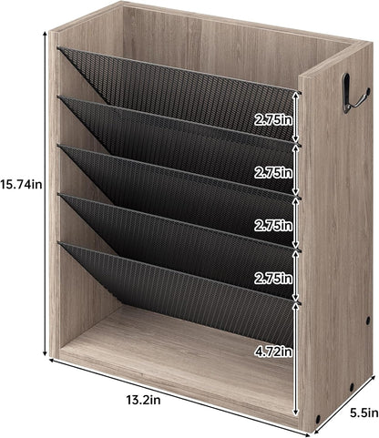Creso hom Mail Organizer Wall Mounted, 6-Tier Wall File Organizer with 2 Hooks, Wooden Desk Organizer Magazine Holder with Bottom Flat Tray, for Office Home, Rustic Brown