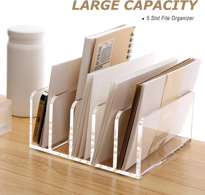 SANRUI 5 Compartments Acrylic Mail Sorter Holder, Clear Document Magazine Envelope File Rack, Vertical Letter Sorter & Multifunction Desk Organizer for Bills, Documents, Notebooks
