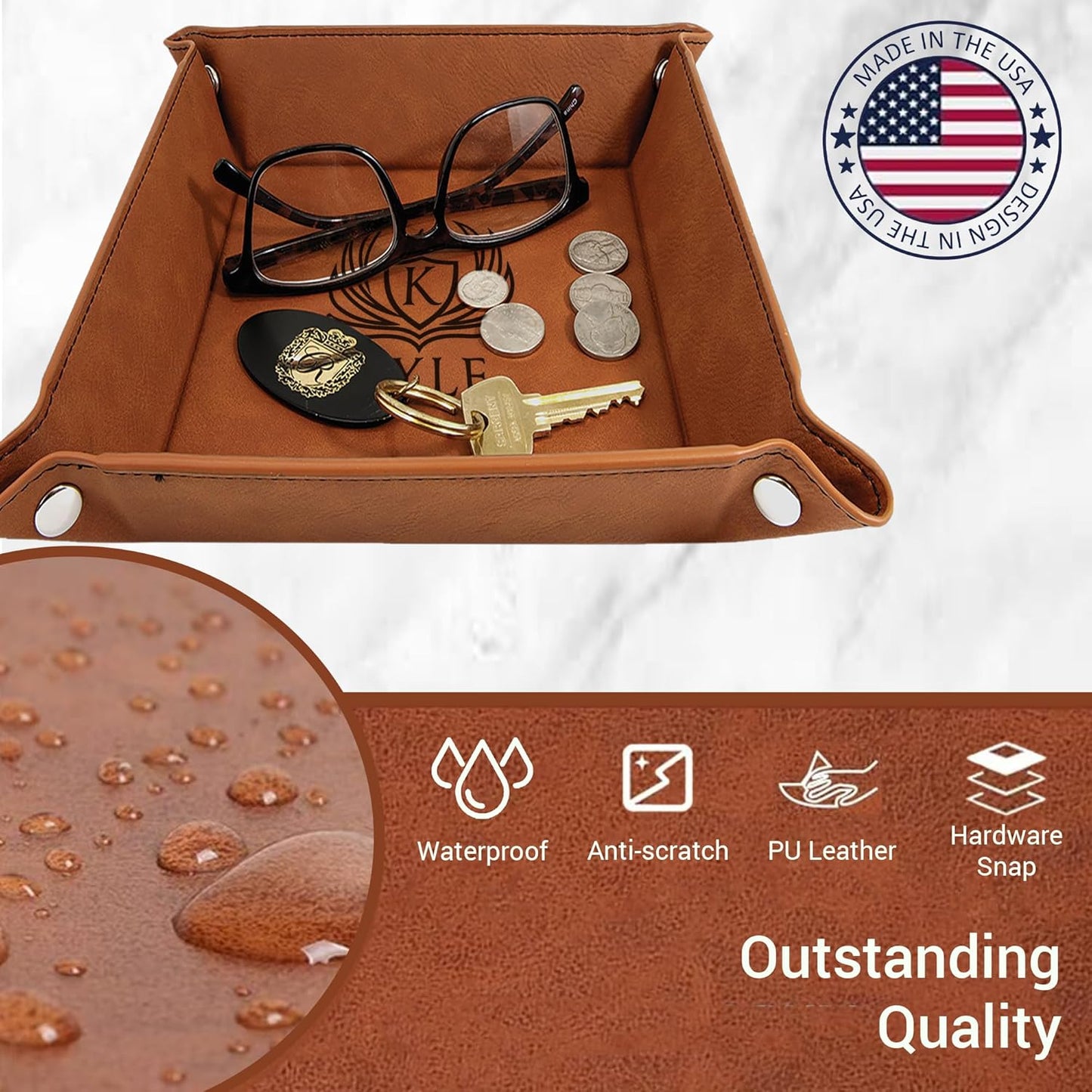 Personalized Valet Trays, Custom Engraved Leather Keys Tray for Men - Catchall Tray Organizer for Entryway Table, Unique Dad Birthday Gift from Daughter Son, Father Day (Custom Text)
