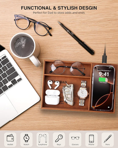 TopMade Wireless Charger Valet Tray, Father's Day Birthday Gifts for Dad, PU Leather Mens Jewelry Box for Iphone Charger, Desk Nightstand Organizer Charging Station Drawer Dresser Organizer(Brown)