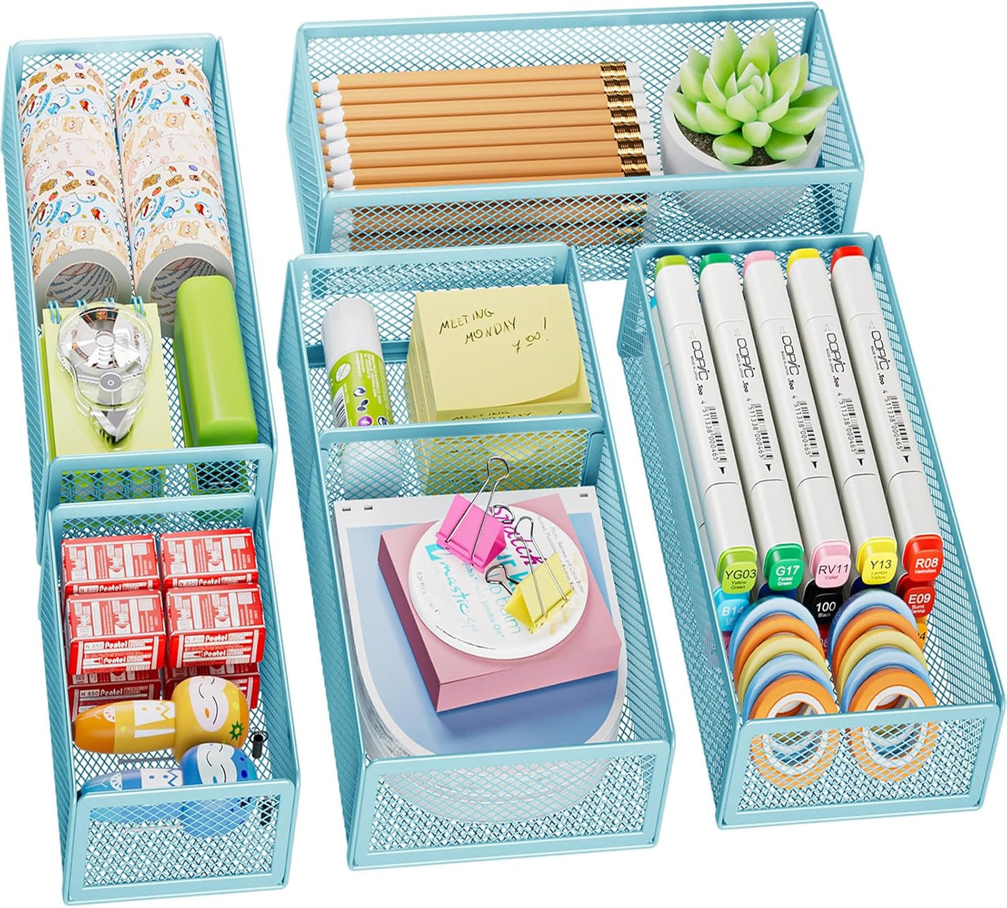 Marbrasse 5 Pack Desk Drawer Organizer Set, Mesh Drawer Storage Trays with 1 Adjustable Divider, Desk Organizers and Accessories, 5 PCS Drawer for Office Supplies, Makeup & Vanity (Black)