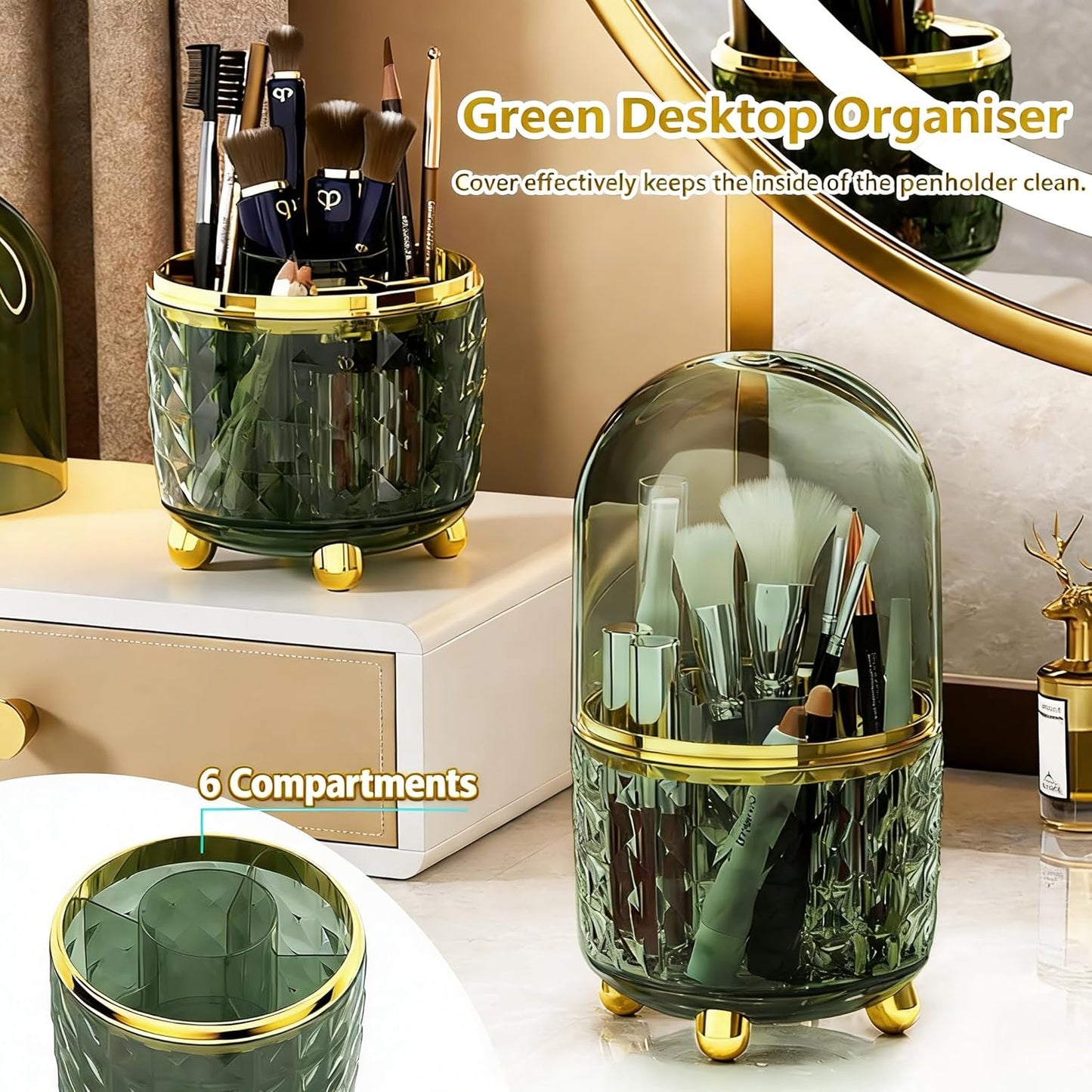 GOTOBA Dark Green Pen Pencil Holder for Desk, 360° Rotating Pen Organizer, Green Office Supplies, Cute Pen Holder, 6-Compartment Pencil Holder Rotating