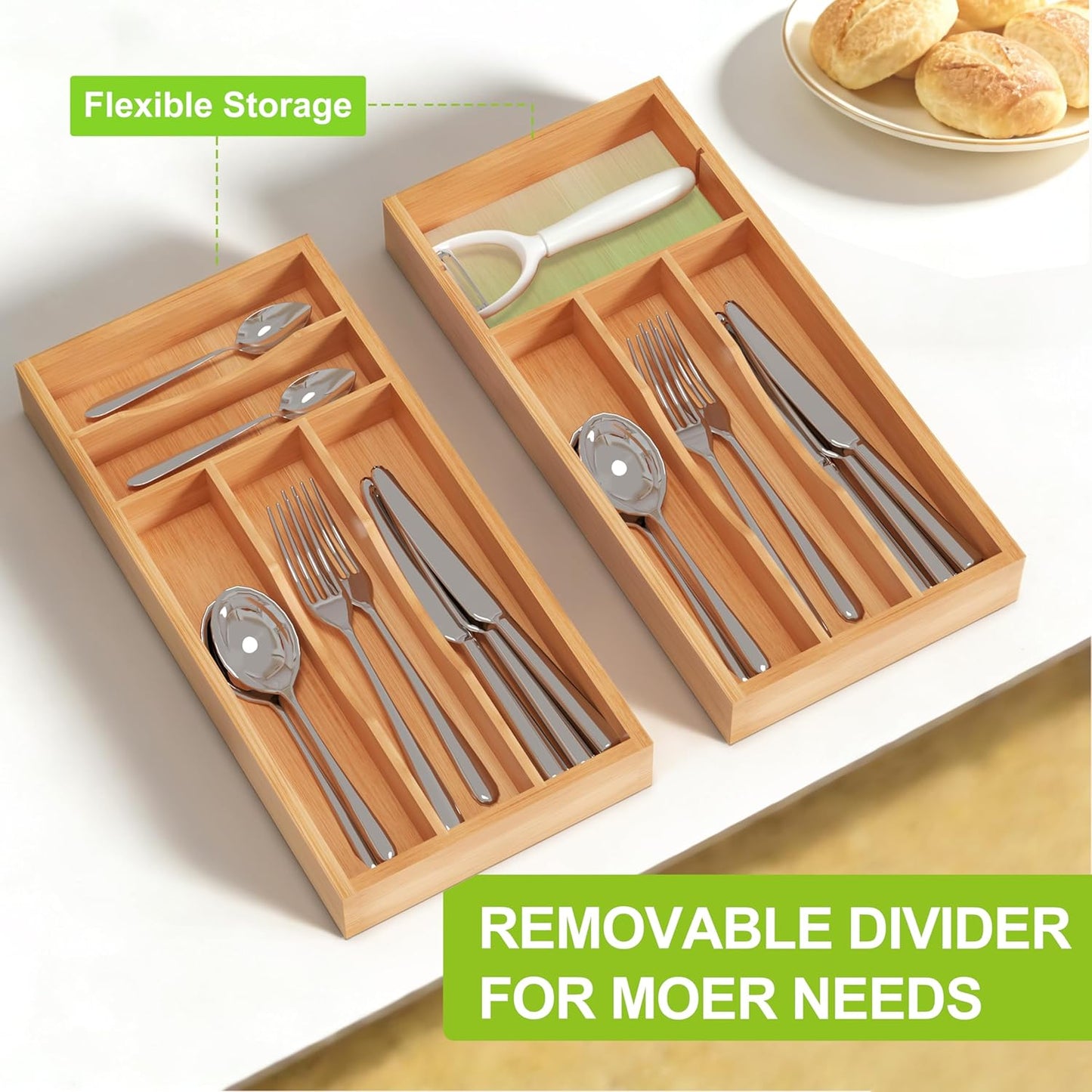 Unibambou Bamboo Utensil Drawer Organizer, Silverware Tray Organizer, Kitchen Drawer Organizer for Flatware Cutlery, (Natural, 3 Slots)