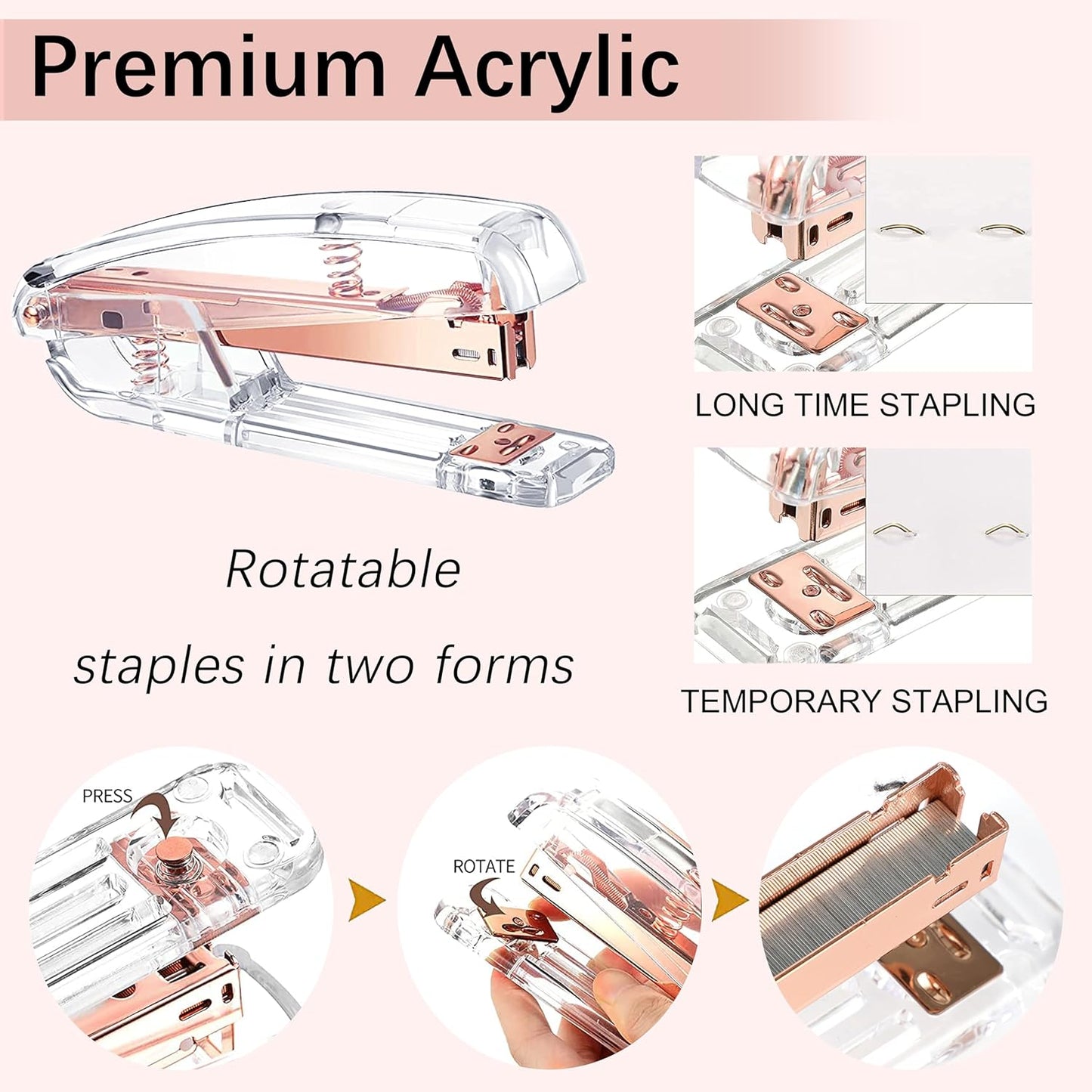 Gold Desk Accessories, Office Desk Organizers and Accessories 360°Pen Holder Acrylic Stapler Set, Phone Holder, Ballpoint Pen, Scissor, Binder Clips, Ruler, Transparent Glue, Sticky Note and Staples.
