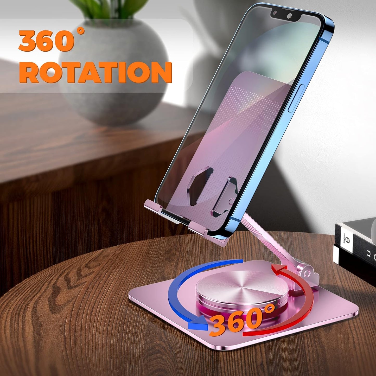 360 Rotatable Foldable Phone Stand for Desk,Fully Adjustable Desktop Phone Holder Cradle Dock Compatible with iPhone 17 16 15 14 13 12 11 Pro Max,Tablets,All Phones(Pink)