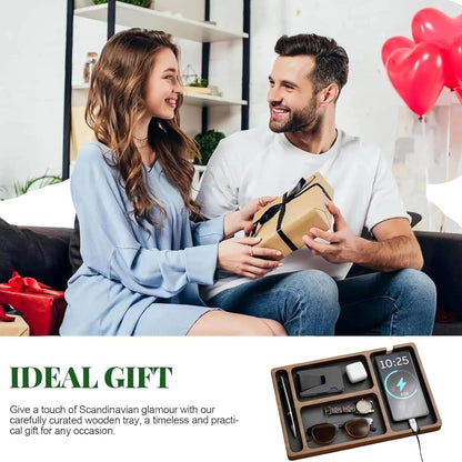 Wooden Valet Tray with Leather Inlay - Key and Wallet Tray, Wooden Jewelry Tray - Nightstand Desk Organizer for EDC Essentials (Keys, Phone, Wallet, Watch, Earbuds) (wood)