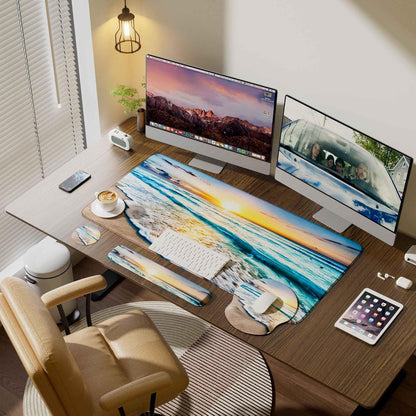 Desk Mat Set + Keyboard and Mouse Pad with Wrist Rest Support,4-in-1 Large Mousepad Computer Mats for Desktop Home & Office-Purple Butterflies