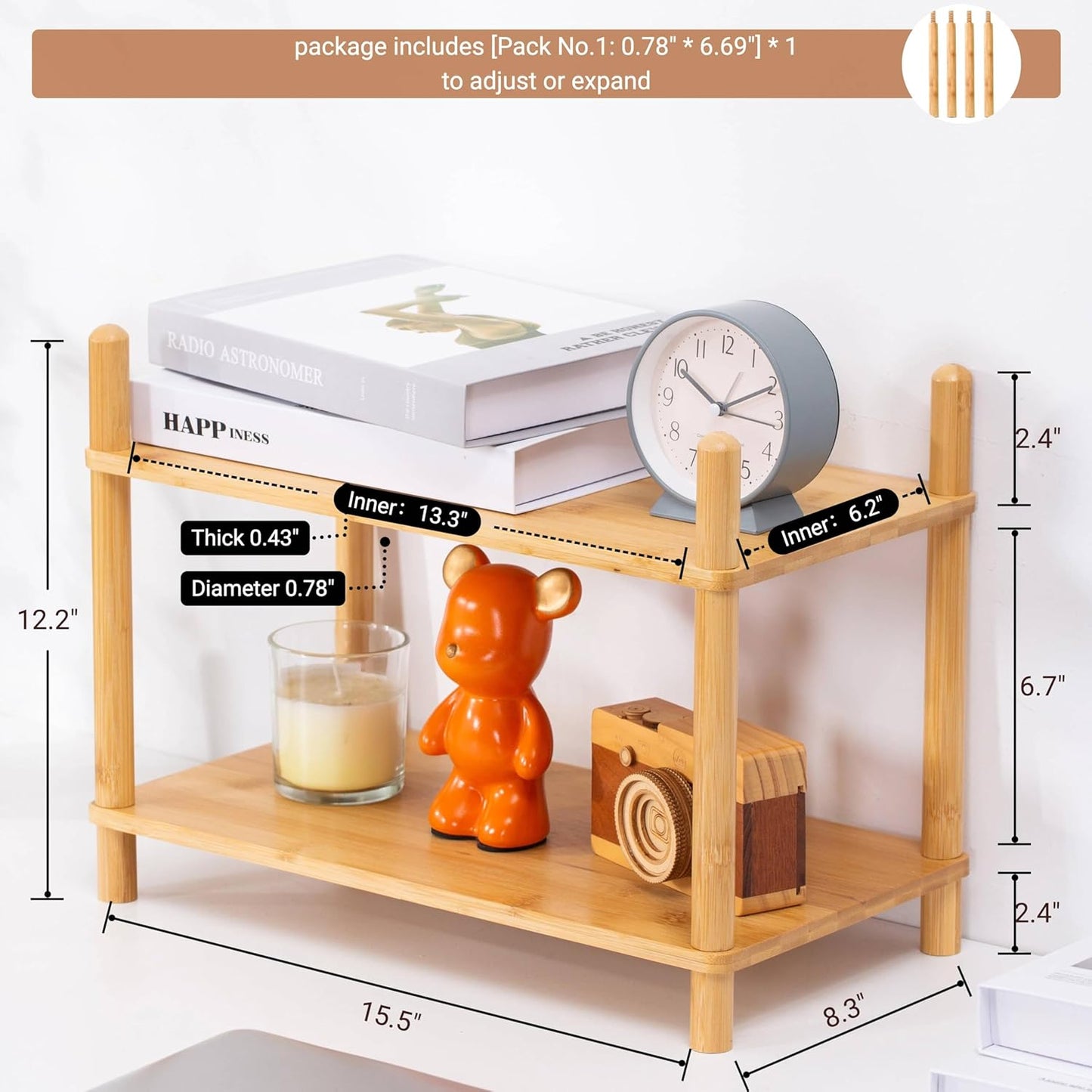 2-Tier Expandable Bamboo Desktop Organizer Shelf Kitchen Cabinet and Counter Riser Display Shelf for Top of Desk Home Office Bathroom Coffee Table Display Stand (1, Natural, 2-Tier Plus)
