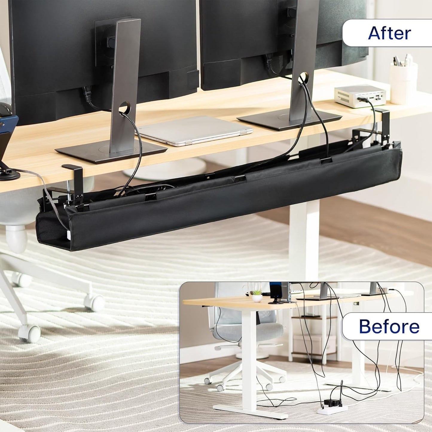 VIVO Clamp-on Under Desk 31 inch Fabric Cable Management Tray, Wire Concealer, Power Strip Storage, Workspace Organization, Easy Fold Down Access, Black, DESK-AC31F-C