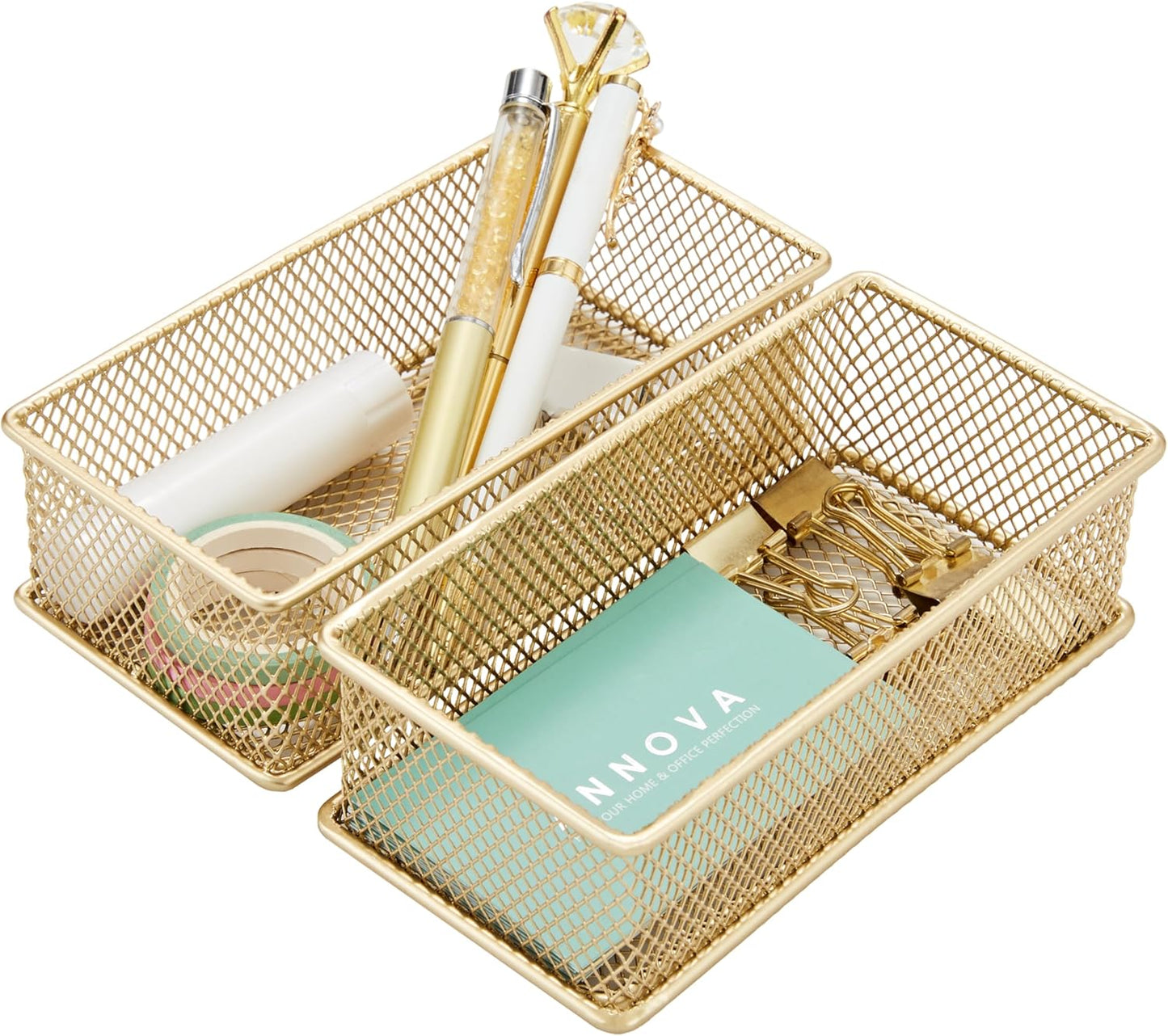 Annova Stackable Mesh Drawer Cabinet and Shelf Organizer Bins Storage Basket School Office Supply Holder Tray- Set of 2 (Gold, 3x3x2 Inch)