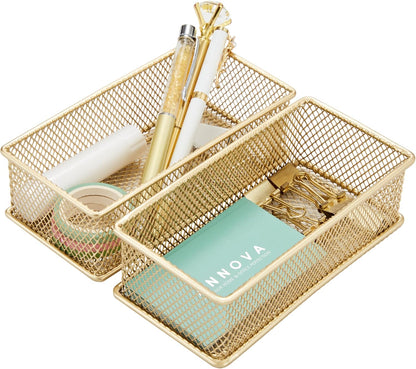 Annova Stackable Mesh Drawer Cabinet and Shelf Organizer Bins Storage Basket School Office Supply Holder Tray- Set of 2 (Gold, 3x3x2 Inch)