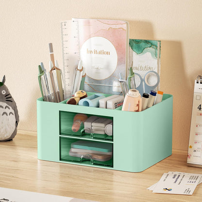 Marbrasse Pen Organizer with 2 Drawer, Multi-Functional Pencil Holder for Desk, Desk Organizers and Accessories with 5 Compartments + Drawer for Office Art Supplies (White)