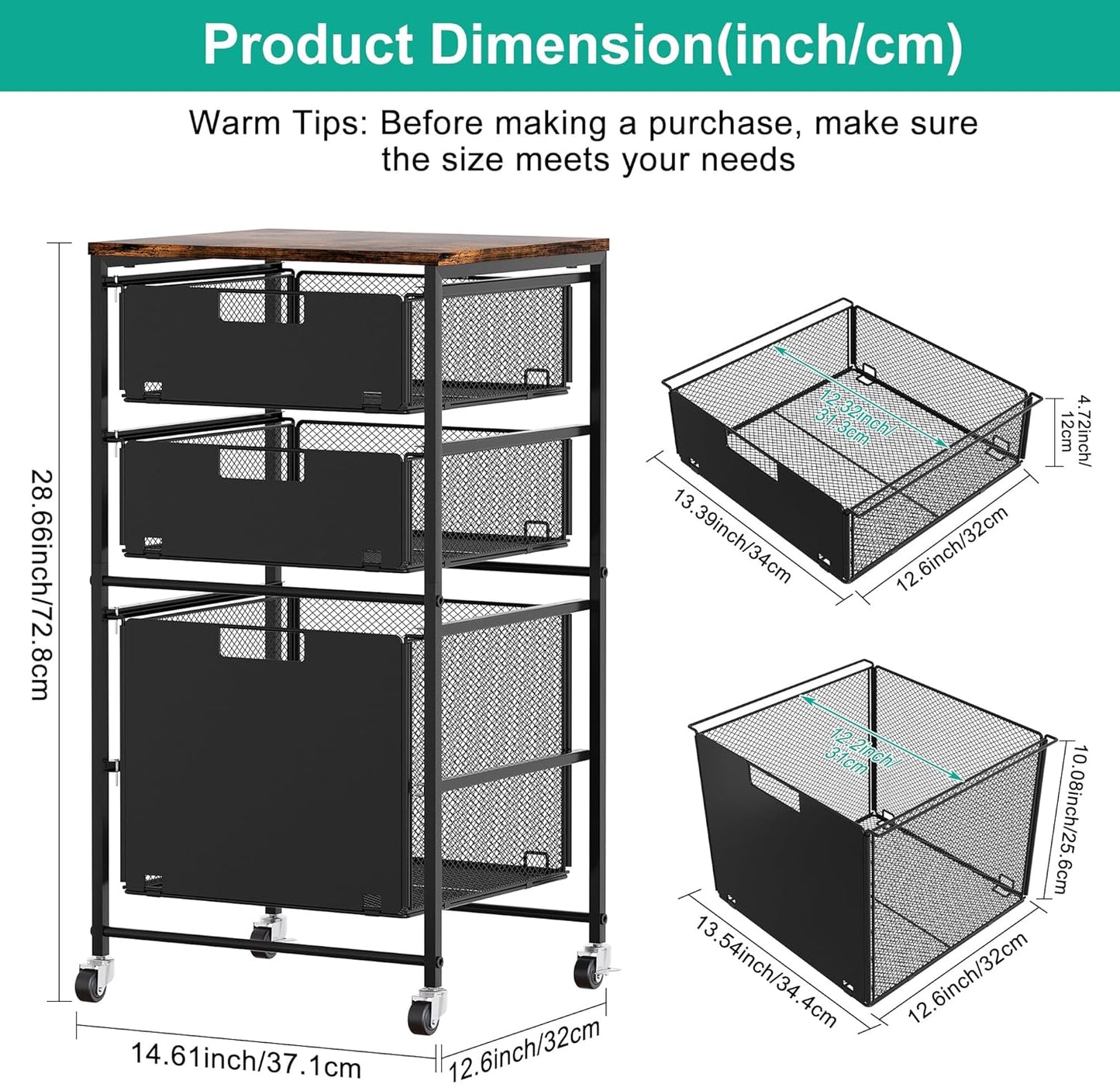 3-Drawer Storage Organizer, Under Desk Rolling File Cart with Lockable Wheels, Hanging File Folder Organizer for Letter Size, Utility Craft Cart Filing Cabinet for Home Office,Black