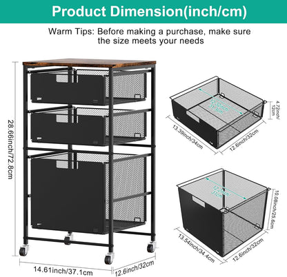3-Drawer Storage Organizer, Under Desk Rolling File Cart with Lockable Wheels, Hanging File Folder Organizer for Letter Size, Utility Craft Cart Filing Cabinet for Home Office,Black