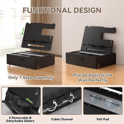 Pezin & Hulin Wooden Charging Station, Bedside Nightstand Tray, with Spacious Drawer, Felt Pads for Phones, Watch, Idea Gifts for Him Birthday, Son, Christmas for Papa Fathers Day (Nature)