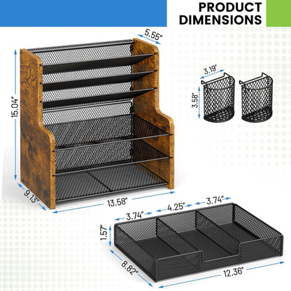 DAOUTIME 6-Tier Mesh Desk Organizer with Drawer, Wooden Office Organizer for Papers, Folders & Office Supplies - Sturdy Desktop File Holder with 2 Pen Holders - Space Saving Home Office Accessories