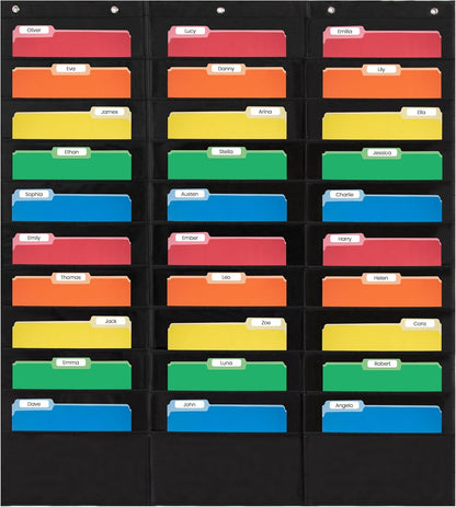 Essex Wares - 7 Pocket File Pocket Chart, Black, Tall - Versatile Wall Hanging File Folder Organizer for Classroom, Office, Home, and More - Wall Folder Organizer - 7 Pockets