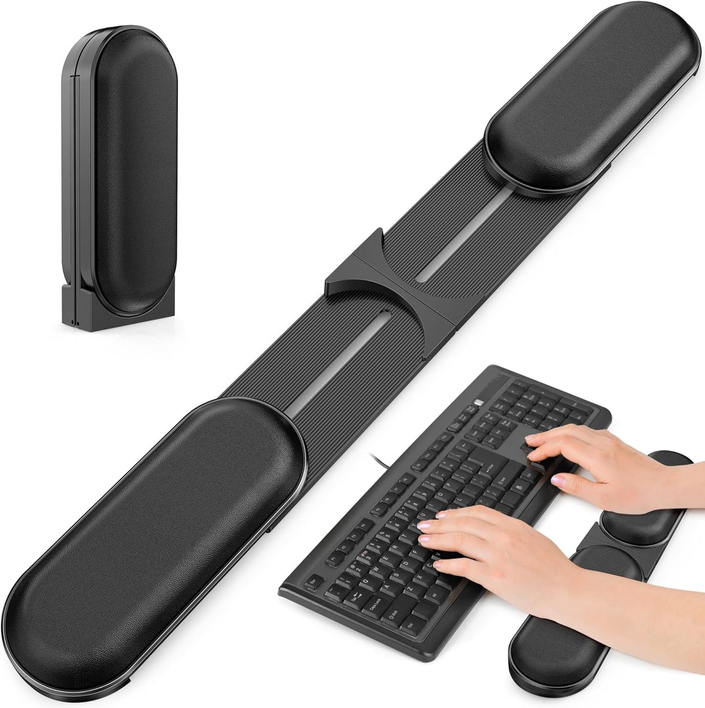 Adjustable Keyboard Wrist Rest, Extendable 16.57" to 25.17" Length & -30° to 30° Angle, Foldable Ergonomic Memory Foam Support for PC, Laptop, Gaming & Office, Waterproof PU Leather, Black