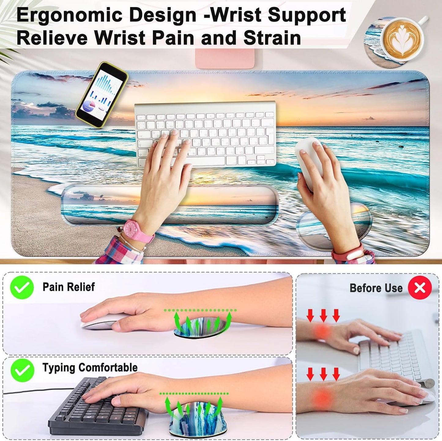 Keyboard Wrist Rest + Mouse Pad with Wrist Support + Desk Mat + Coaster 4 in 1 Set, XXL Large Gaming Mousepad Cute Ergonomic Mouse Pads for Desk Computer Laptop Office Decor-Beach