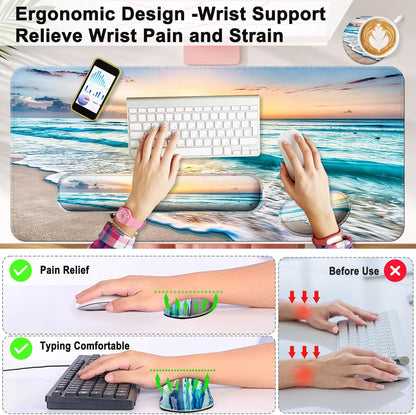 Keyboard Wrist Rest + Mouse Pad with Wrist Support + Desk Mat + Coaster 4 in 1 Set, XXL Large Gaming Mousepad Cute Ergonomic Mouse Pads for Desk Computer Laptop Office Decor-Beach
