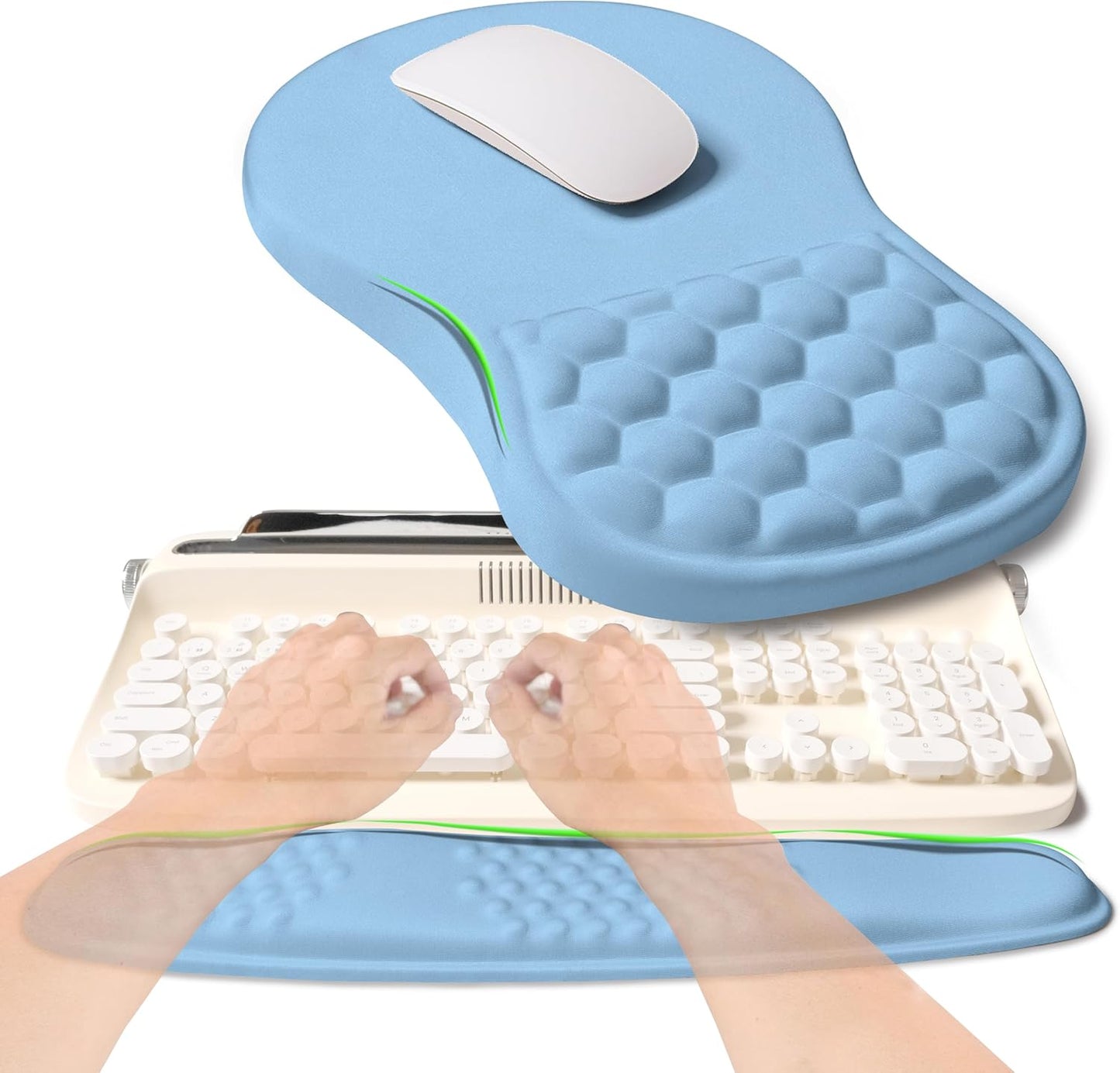 2-in-1 Ergonomic Set, Wave Rise Keyboard Wrist Rest and Massage Bulge Slope Mouse Pad Wrist Support, Cushion Memory Foam Integrated to Relieve Wrist Pain, Black