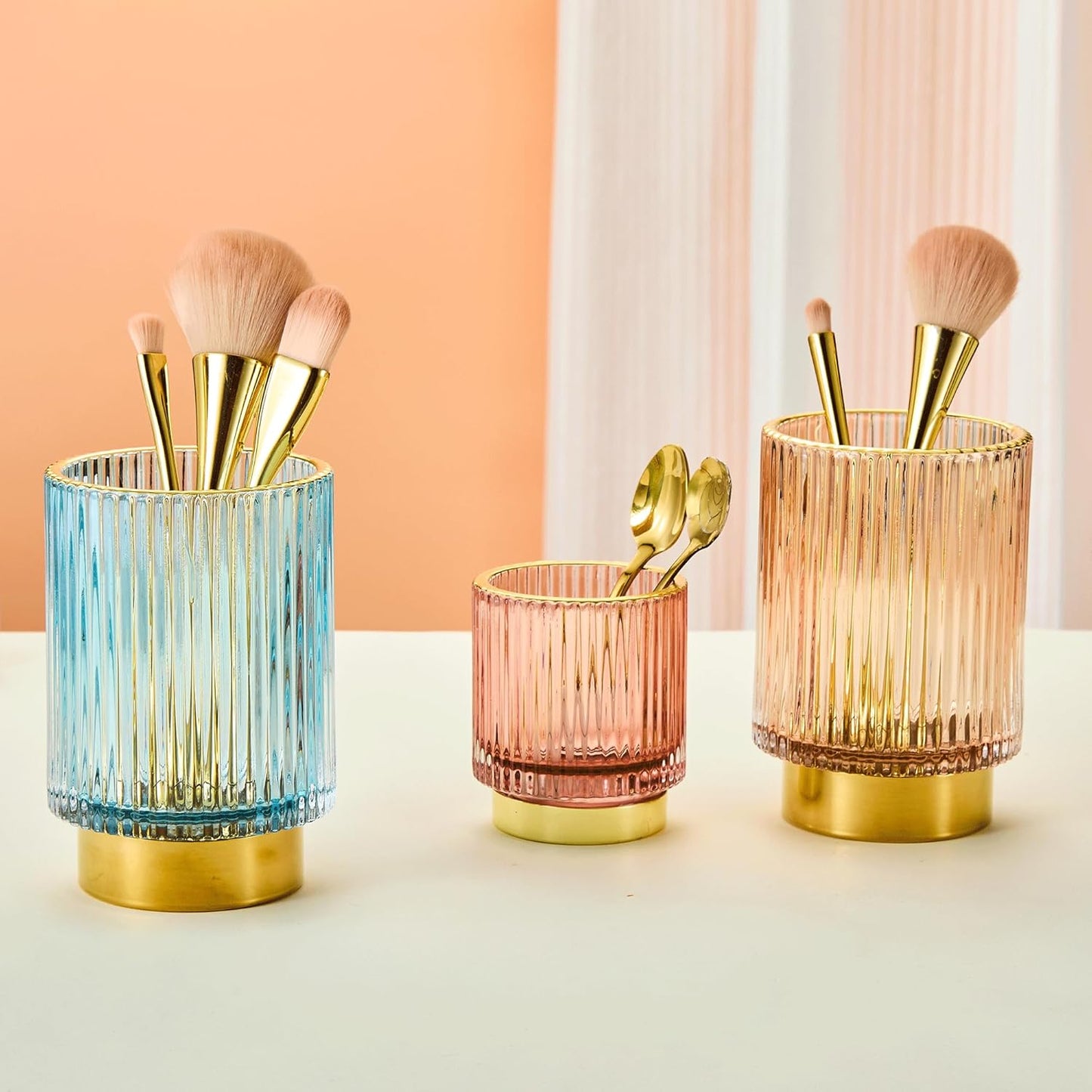 Makeup Brush Holder Organizer,Toothbrush Holders,Desk Pen Pencil Holder,Multifunctional Vintage Glass Brush Cup（L/Green/A3-6-US）