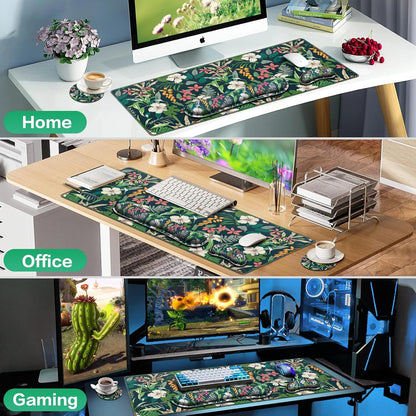 Desk Mat, Large Gaming Mouse Pad with Wrist Rest, 4in1 XXL Mousepad+Keyboard Wrist Rest+Mouse Pad Wrist Support+Cup Coaster Set Ergonomic Floral Computer Desk Arm Wrist for Decor Home Office Women
