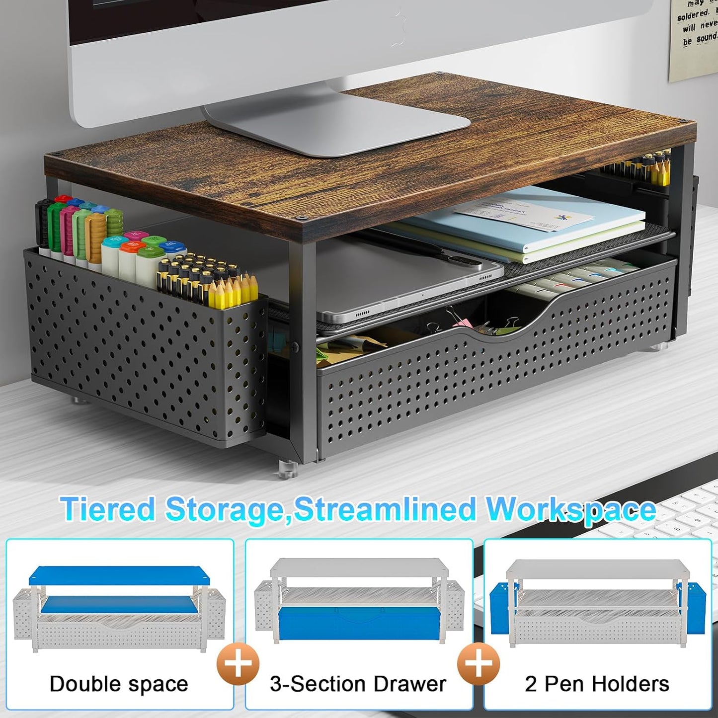gianotter Wood Monitor Stand Riser, Office Desk Shelf Organizer, Desk Organizer with Drawer and Pen Holder, 2-Tier Computer Stand, Office Organization (Ink)