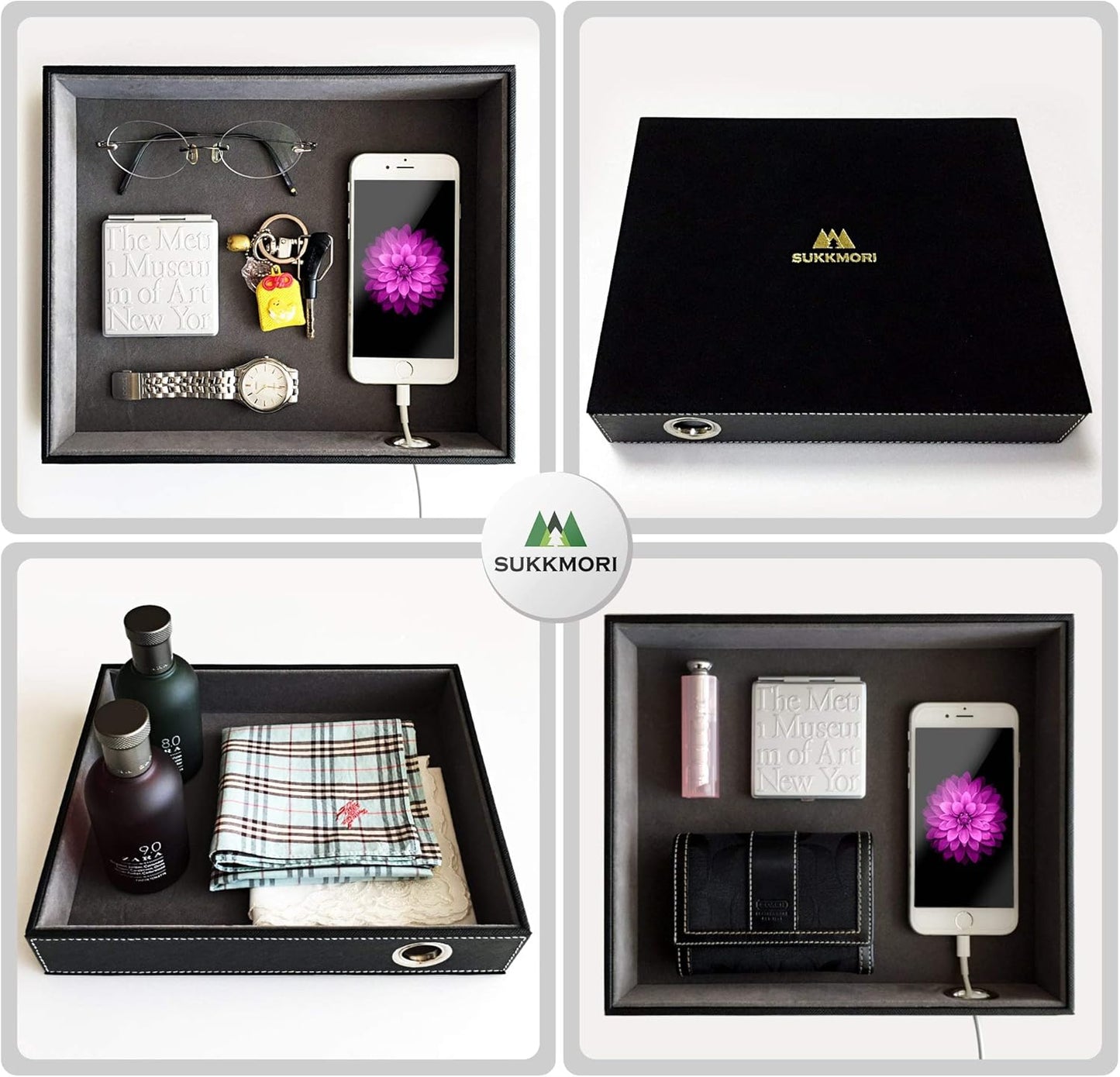 Valet Tray with Charging Station - PU Leather Nightstand Organizer for Men and Women, Desk Catchall Tray for Keys, Jewelry