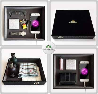 Valet Tray with Charging Station - PU Leather Nightstand Organizer for Men and Women, Desk Catchall Tray for Keys, Jewelry