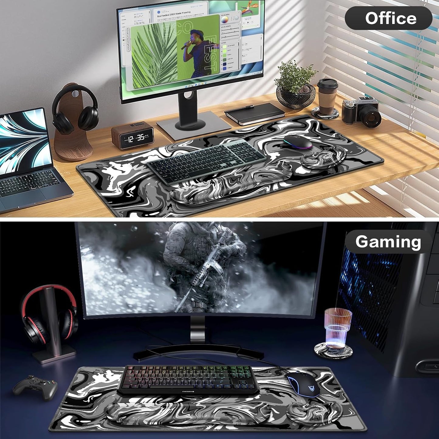 Desk Mat, Large Gaming Mouse Pad with Wrist Rest, 4in1 XXL Mousepad+Keyboard Wrist Rest+Mouse Pad Wrist Support+Cup Coaster Set Ergonomic Floral Computer Desk Arm Wrist for Decor Home Office Women
