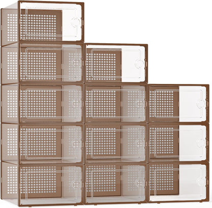 Kuject X-Large Shoe Storage Boxes Organizers Clear Plastic Stackable 12 Pack, Shoe Rack & Holder Substitute, Sneaker Containers, Toy Storage Organizer Bins for Entryway, Closet, Under Bed, Black
