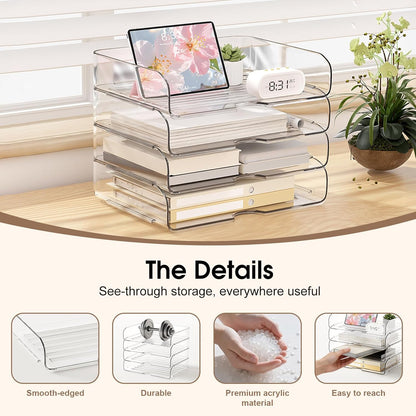4-Tier Large-Capacity Paper Organizer, Clear Stackable Desk Organizer & Acrylic Paper Tray, Transparent & Easy Access,Desk File Organizer for Home Office & School