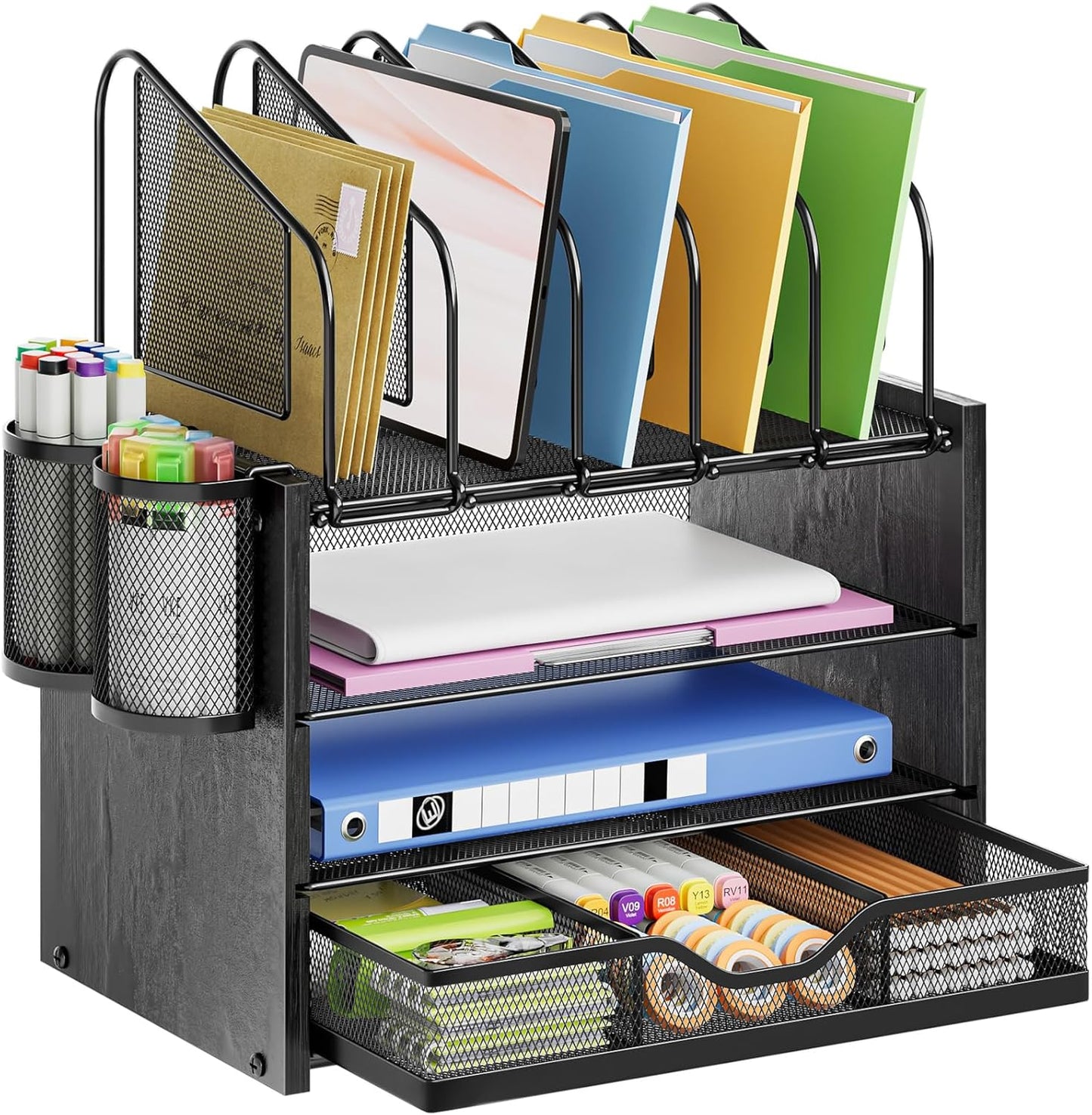 Marbrasse Desk Organizer with Drawer, 4-Tier Mesh File Organizer with 5 Vertical File Holders and 2 Pen Holders, Multifunction Desktop Organizer,Desk Organizers and Accessories for Home Office