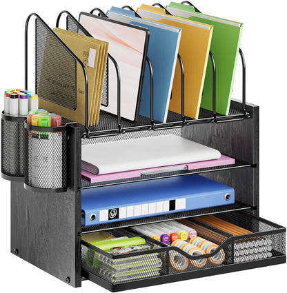Marbrasse Desk Organizer with Drawer, 4-Tier Mesh File Organizer with 5 Vertical File Holders and 2 Pen Holders, Multifunction Desktop Organizer,Desk Organizers and Accessories for Home Office