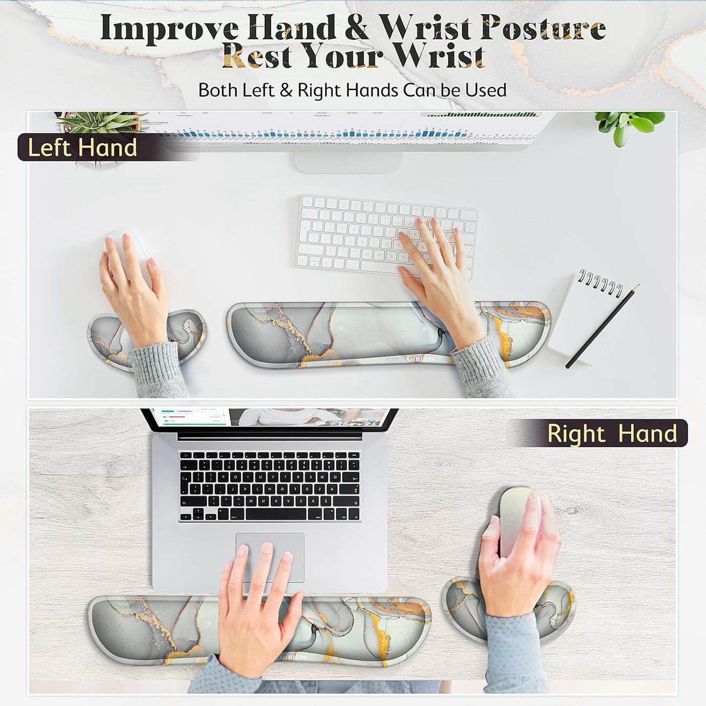 Gimars Upgrade Enlarge Silky and Superfine Fabric Gel Memory Foam Keyboard Wrist Rest Set, Ergonomic Keyboard Mouse Wrist Support for Typing Pain Relief, Comfort for Office, Gaming, Computer