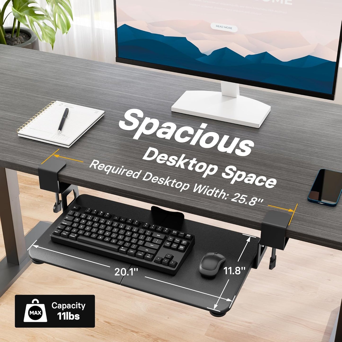 BONTEC KMT01 Under Desk Keyboard Tray, Pull-Out Keyboard & Mouse Platform with C-Clamp, 25.6 x 11.8 in Space-Saving Ergonomic Slide-Out Drawer, Black