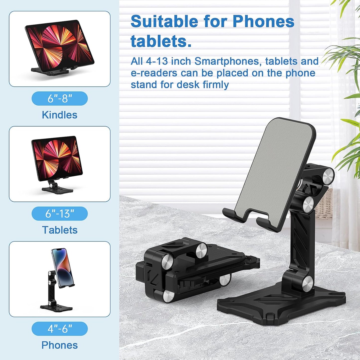 Foldable Phone Stand Desk for Samsung Galaxy S26 S25 Ultra Plus S23 S24 A14 A54 5G A15 A13 A53 S22 S21 FE S20 A03s A23,iPad iPhone 16 15 Cell Phone Holder Height Adjustable Tablet Cradle Desktop Dock