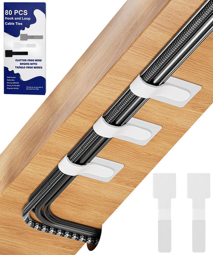 80PCS Hook and Loop Cable Ties, Under Desk Cable Management, Adhesive Cable Straps, Cord Management Hider Idea, Cord Organizer for Desk, Computer Accessories, Home Office Organization, Black+White
