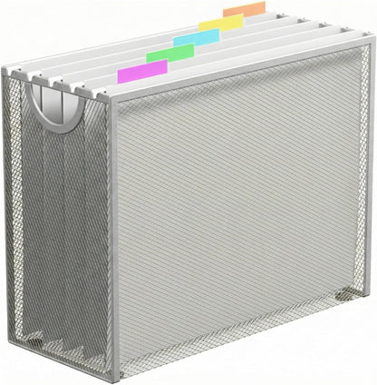 Hanging File Organizer, Letter-Size File Holder Filing Box with 5 Hanging Folders, Metal Mesh Desk File Folder Storage(No Assembly Required) (with 5 Grey Folders)
