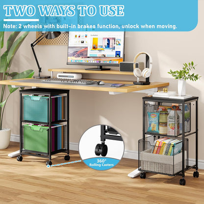 Sbanmao Rolling File Cart with 2 Storage Drawers, Mobile File Cabinet with Wheels, Hanging File Folder Organizer, Under Desk Storage, Printer Stand Utility Cart Filing Cabinet for Home Office,Black