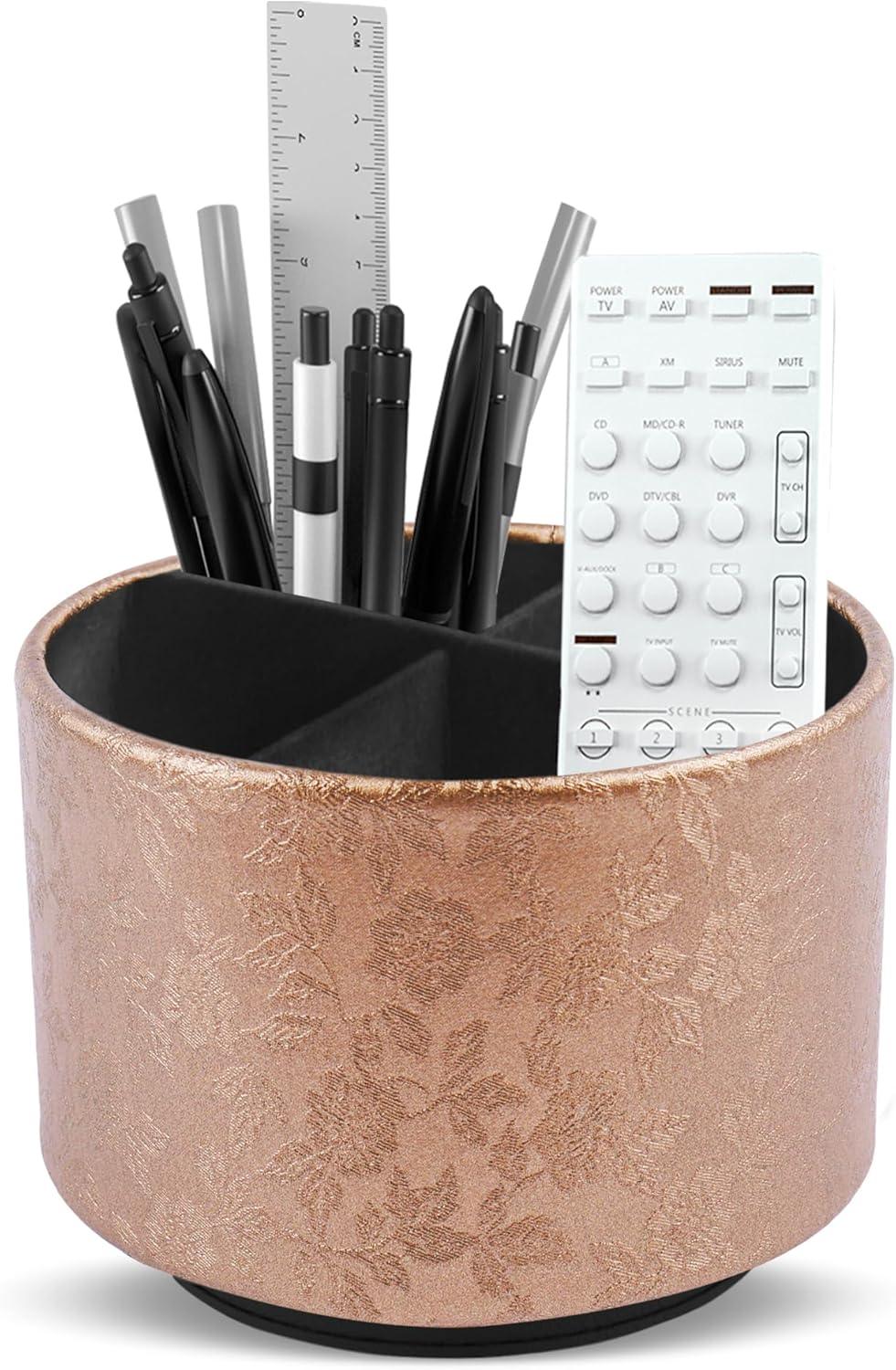 lizimandu Round Leather Art Supply Organizer,Remote Control Holder,360 Degree Spinning,Multi-Functional Pencil Holder,4 Compartments Desktop Stationary Organizer(1-Gold) - Colors B