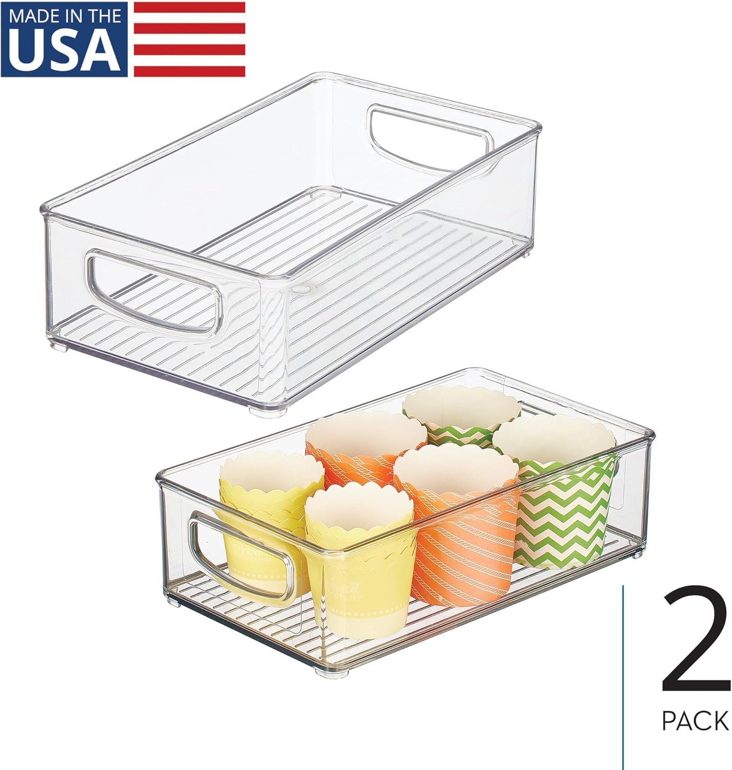iDesign Stackable Pantry Bin with Handles for Kitchen Storage Set of 2, Clear, Made in USA