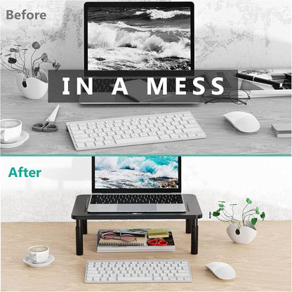 WALI Computer Monitor Stand with Storage, Desk Monitor Riser 3 Height Adjustable, Laptop Riser with Airflow Vents, Desk Organizer for Computer, Laptop, Printer (PTT002-B), 1 Pack, Black