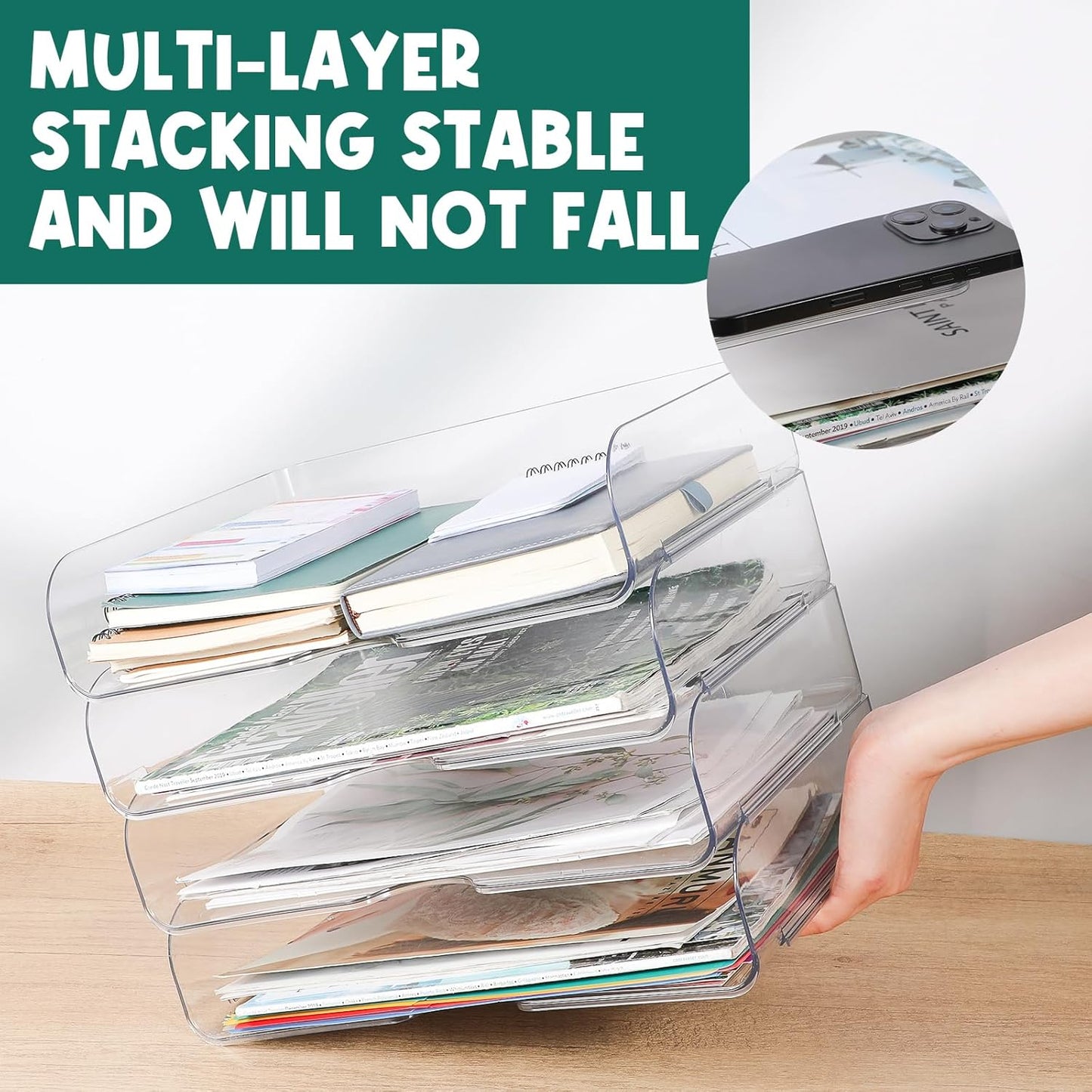 4 Pack Paper Organizer Letter Tray Clear Desk Organizer, Clear PET Desk Rrganizer for Magazines, Binders, Notebooks, Envelopes, Multi-Purpose Plastic Paper Tray Organizer